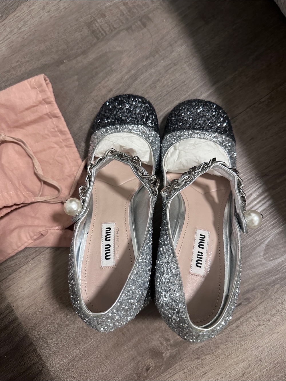 Miu Miu Silver and Charcoal Glitter Pearl-Strap Mary Jane Pumps